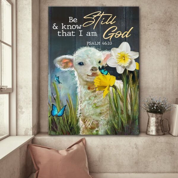Lovely sheep - Be still and know that I am God - Jesus Portrait Canvas Print - Wall Art