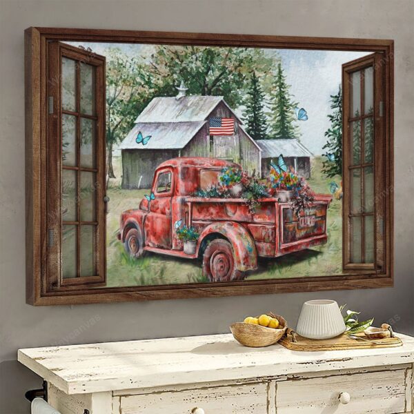 Old red truck on peaceful farm - Farm Landscape Canvas Print - Wall Art