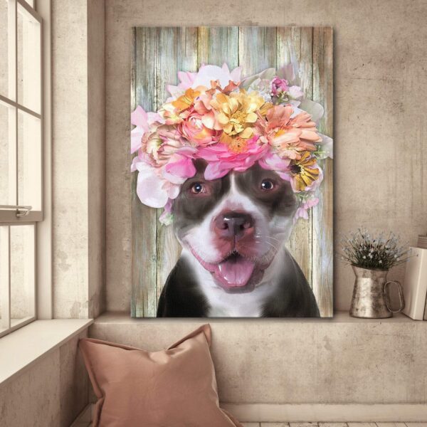 Pitbull with flower - Dog Portrait Canvas Print - Wall Art