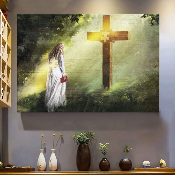 Girl bowing before cross Jesus Landscape Canvas Print - Wall Art