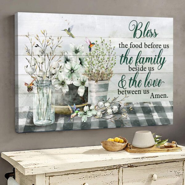 Flower vases with hummingbird - Bless the food before us - Jesus Landscape Canvas Print - Wall Art
