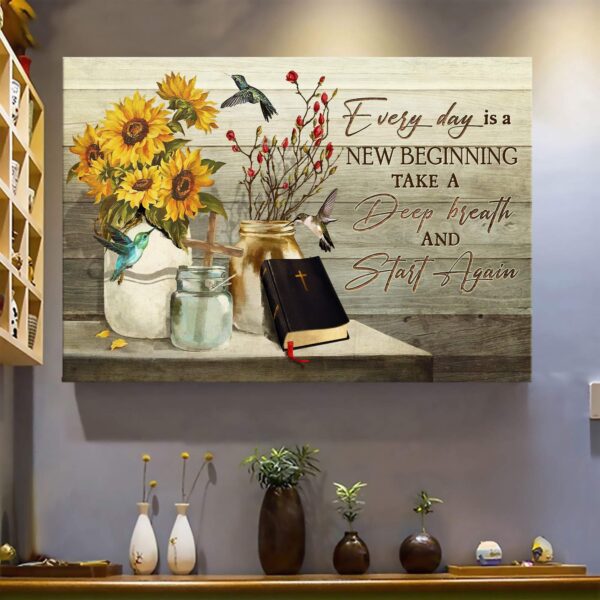 Hummingbird and flower jars - Every day is a new beginning - Jesus Landscape Canvas Print - Wall Art