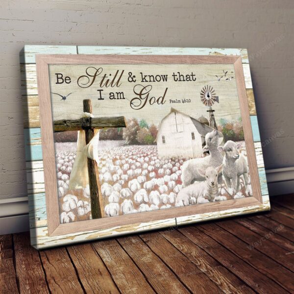 Lambs with cotton tree farm - Be still and know that I am God - Jesus Landscape Canvas Print - Wall Art