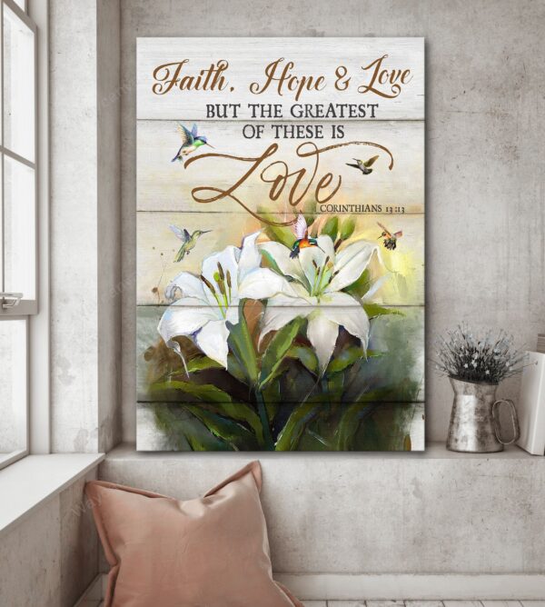 Hummingbirds and white lilies - Faith, hope, love - Jesus Portrait Canvas Print - Wall Art