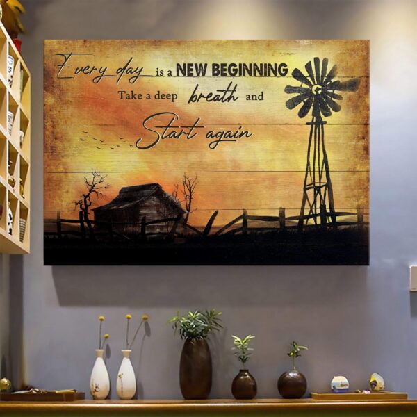 Farm sunset windmill - Everyday is a new beginning - Jesus Landscape Canvas Print - Wall Art
