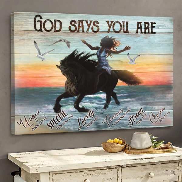 Girl riding horse - God says you are Jesus Landscape Canvas Print - Wall Art