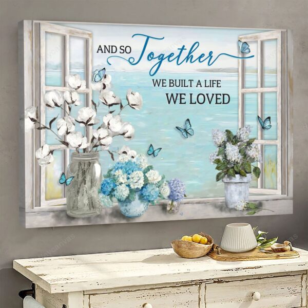 Flower vases and butterflies by the window - Couple Landscape Canvas Print - Wall Art