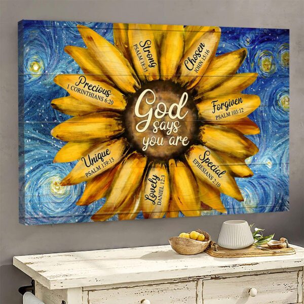 Sunflower and night sky - God says you are - Jesus Landscape Canvas Print - Wall Art