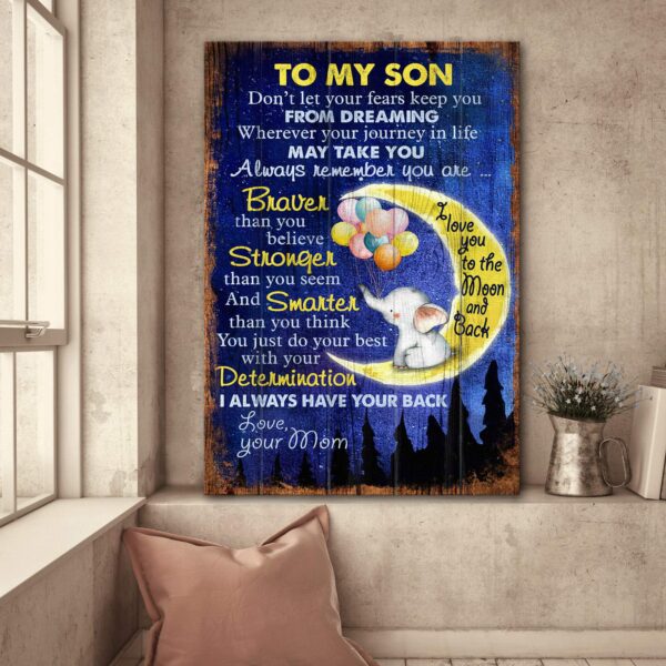Mom to son - Elephant - I love you to the moon and back - Family Portrait Canvas Print - Wall Art