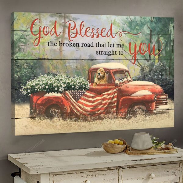 Vintage car carrying daisies and dog - God blessed the broken road - Jesus Landscape Canvas Print - Wall Art