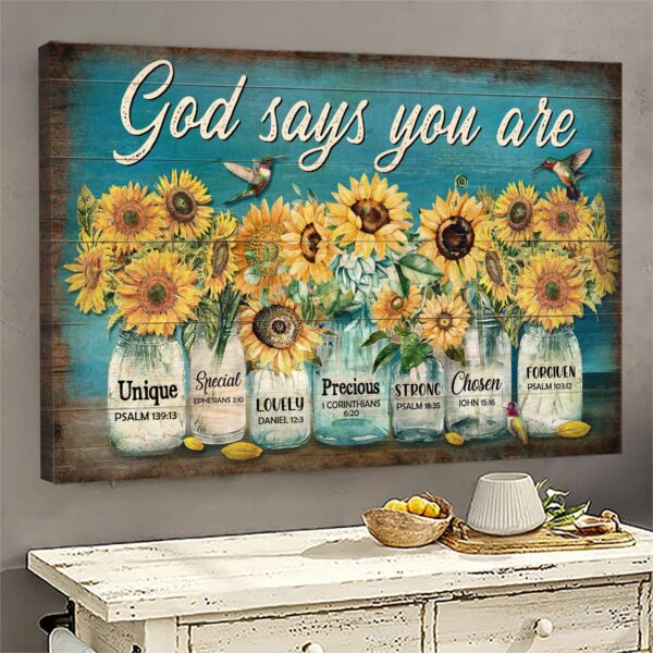 Sunflower jar - God says you are - Jesus Landscape Canvas Print - Wall Art