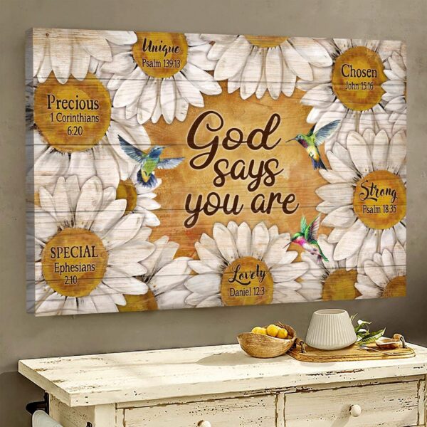 Jesus - Daisy and hummingbird - God says you are - Landscape Canvas Print - Wall Art