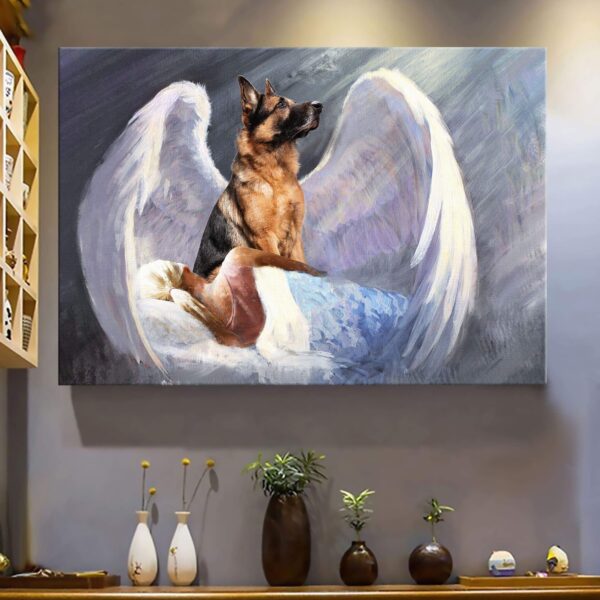 Girl and German Shepherd with beautiful wings German Shepherd Landscape Canvas Print - Wall Art