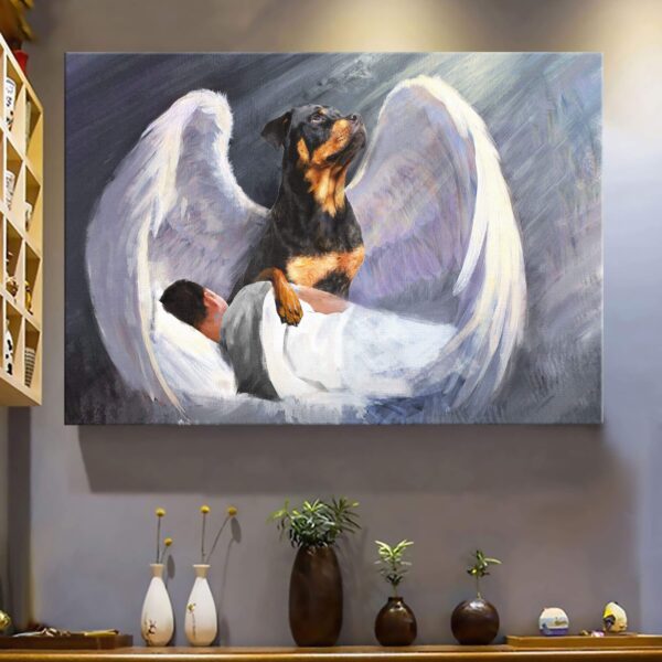 Man and Rottweiler with beautiful wings Rottweiler Landscape Canvas Print - Wall Art