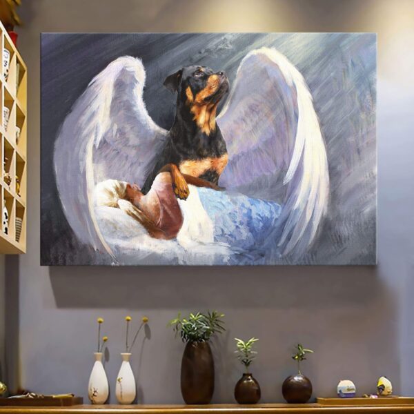 Girl and Rottweiler with beautiful wings Rottweiler Landscape Canvas Print - Wall Art