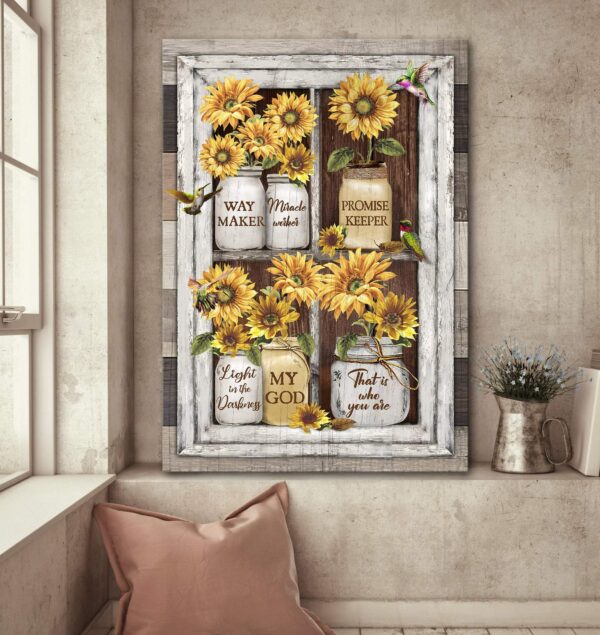 Jesus - Sunflower and hummingbird - My God is the light in the darkness - Portrait Canvas Print - Wall Art
