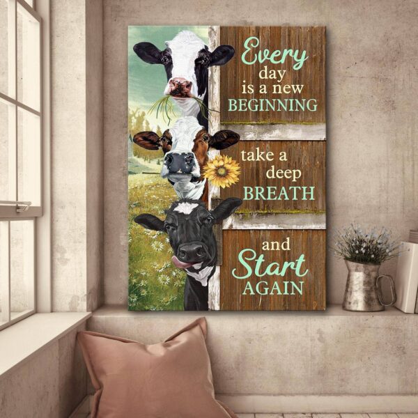 Jesus - Cow on farm - Every day is a new beginning - Portrait Canvas Print - Wall Art