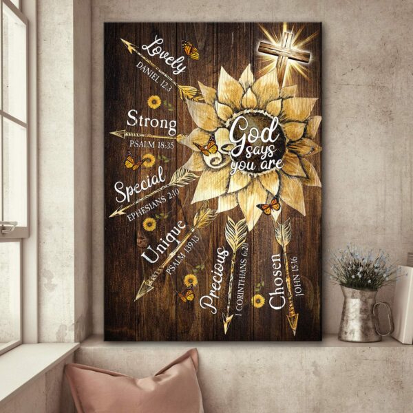 Jesus - Sunflower and golden arrow - God says you are - Portrait Canvas Print - Wall Art