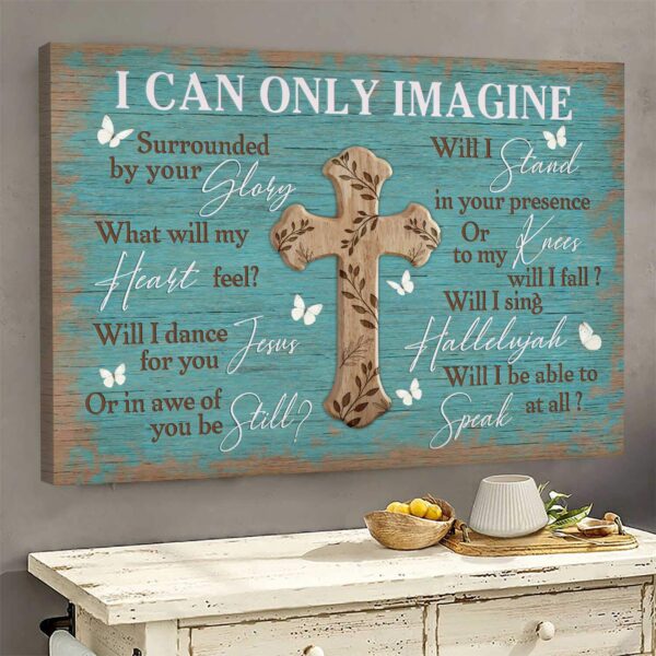 Jesus - The cross on blue background - I can only imagine - Landscape Canvas Print - Wall Art