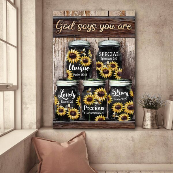 Jesus - Sunflower Jars - God says you are - Portrait Canvas Print - Wall Art