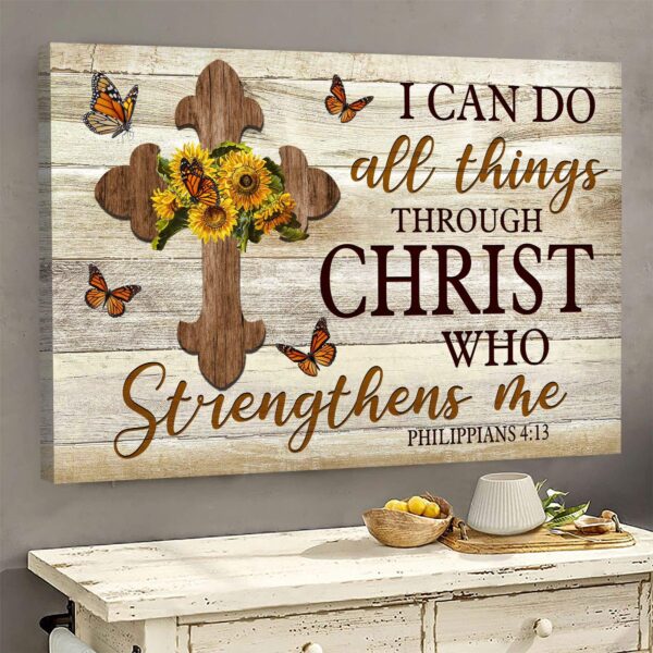 Flower and cross - I can do all things through Christ who strengthens me - Jesus Landscape Canvas Print - Wall Art