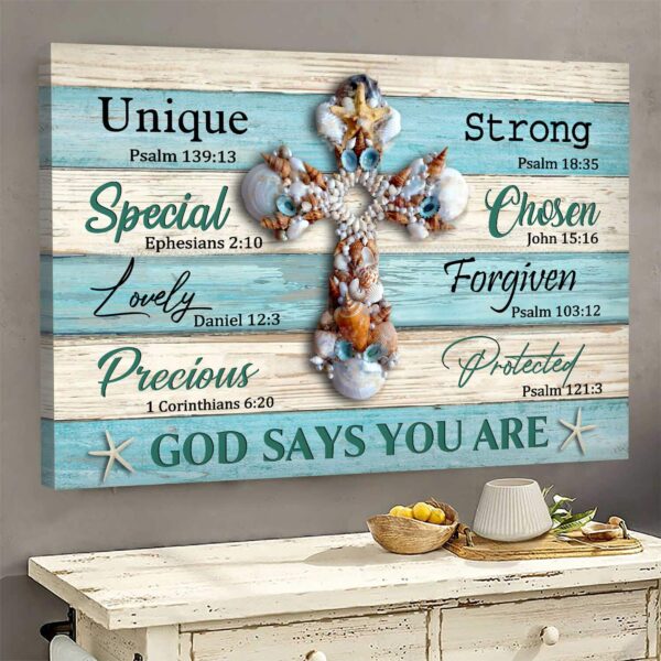 Seashell cross - God says you are - Jesus Landscape Canvas Print - Wall Art