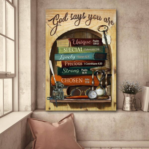 Jesus - Book - God says you are - Portrait Canvas Print - Wall Art