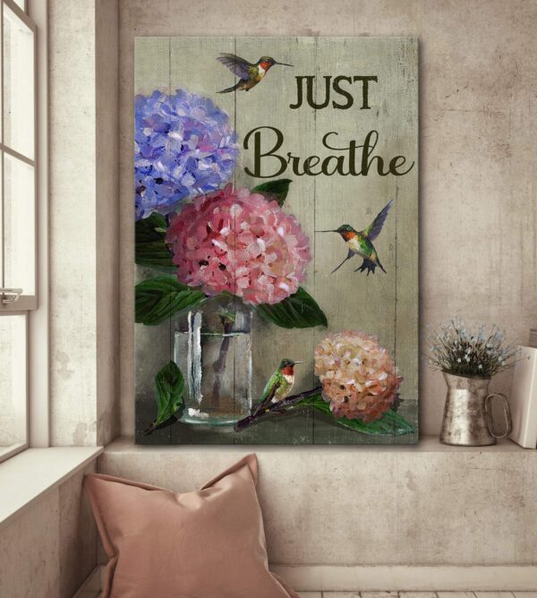 Jesus - Hydrangea and hummingbird - Just breathe - Portrait Canvas Print - Wall Art