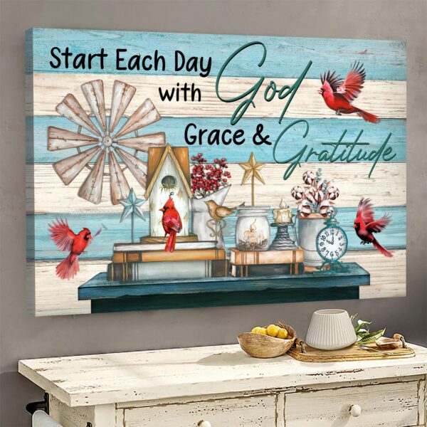Jesus - Cardinal - Start each day with grace & gratitude - Landscape Canvas Print - Wall Art