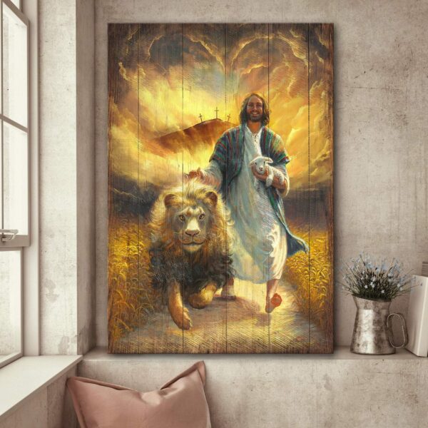Jesus - Walking with lamb and lion Jesus Portrait Canvas Print - Wall Art