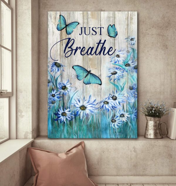Green butterfly with flower - Just breathe - Jesus Portrait Canvas Print - Wall Art