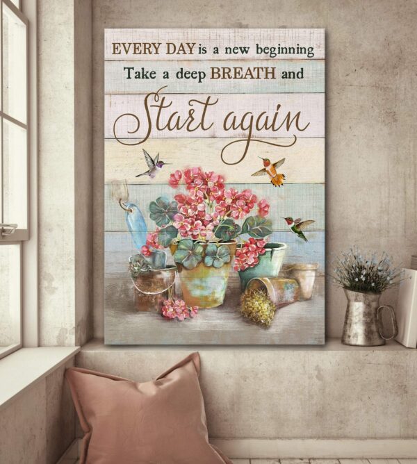 Red geranium - Every day is a new beginning - Jesus Portrait Canvas Print - Wall Art