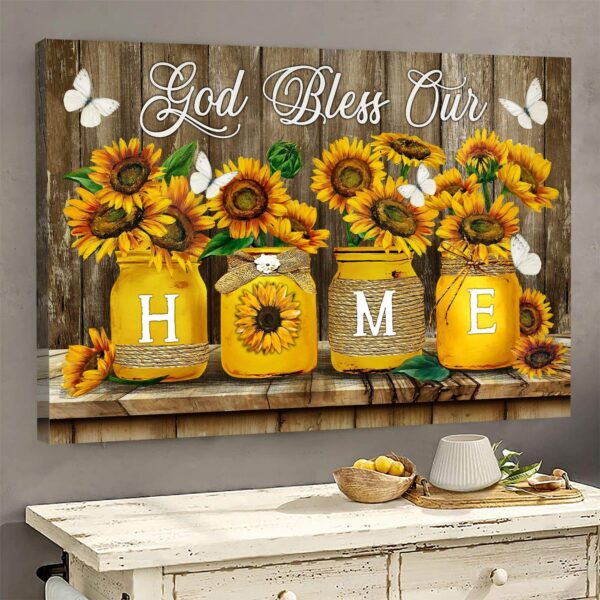 Jesus - Sunflower - God bless our home - Landscape Canvas Print - Wall Art