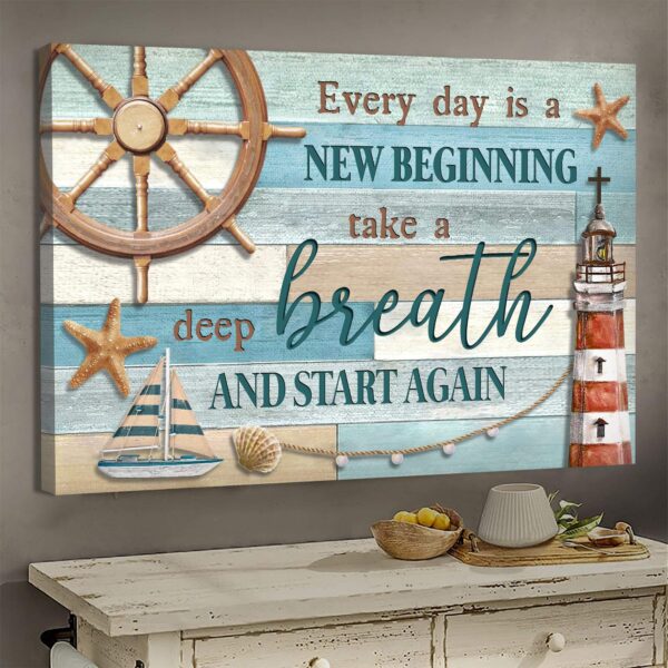 Lighthouse and the sea - Every day is a new beginning - Jesus Landscape Canvas Print - Wall Art