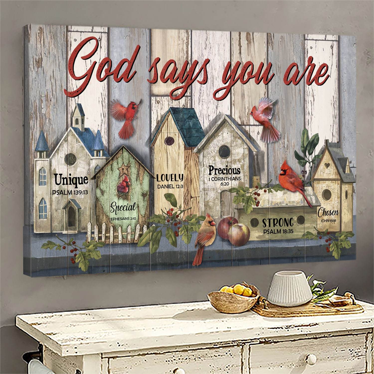 Cardinal and birdhouses - God says you are Jesus Landscape Canvas Print ...