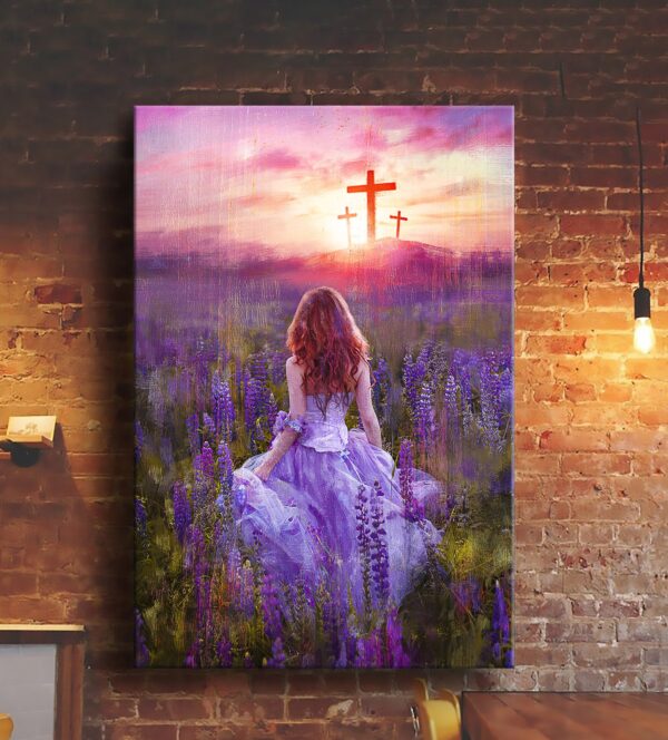 Girl in the violet flower field Jesus Portrait Canvas Print - Wall Art