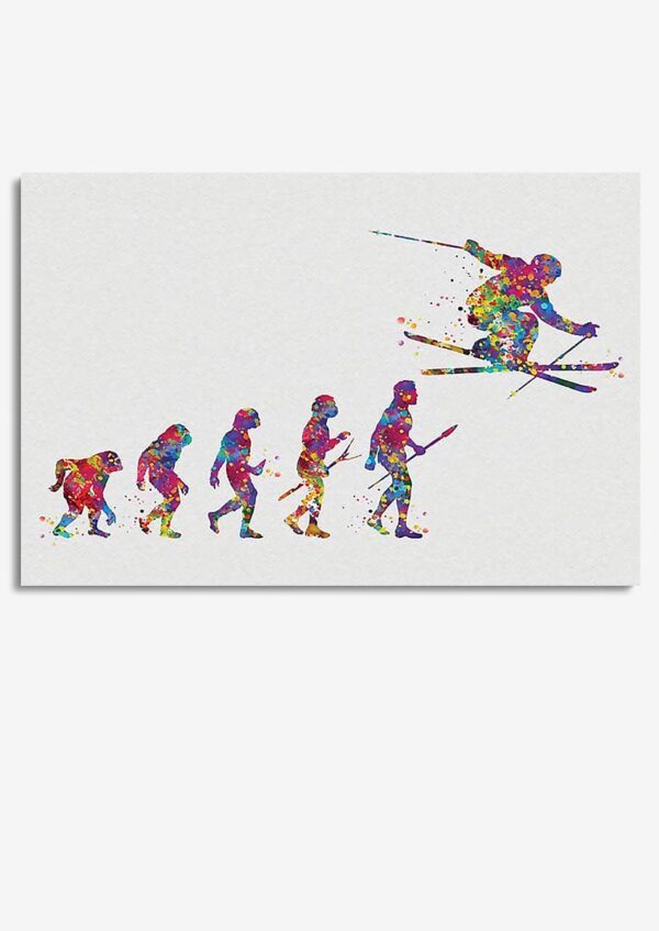 Evolution Of Skiier Funny Human Evolution Watercolor Wall Art For Home Decor Housewarming