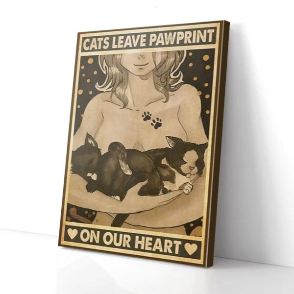 Girl And Two Cats Vintage Pawprint On Your Heart Matte Canvas Wall Art