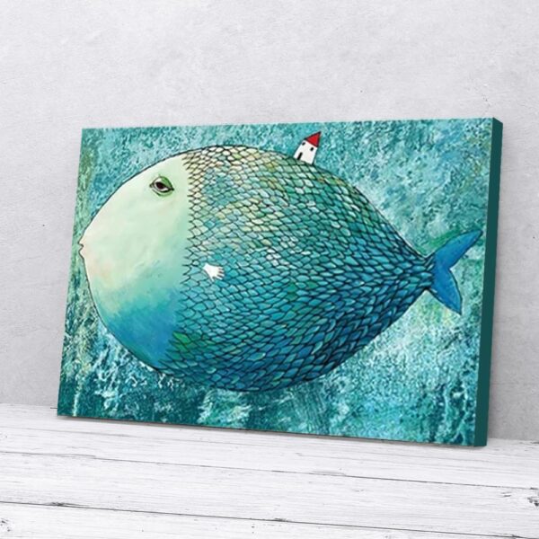 House On A Huge Fish Green Painting Matte Canvas Wall Art