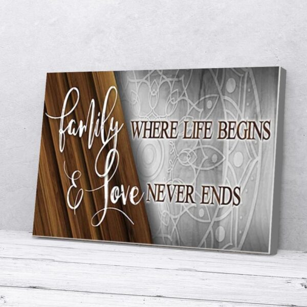 Family Where Life Begins & Love Never Ends Pattern Wood Frame Matte Canvas Wall Art