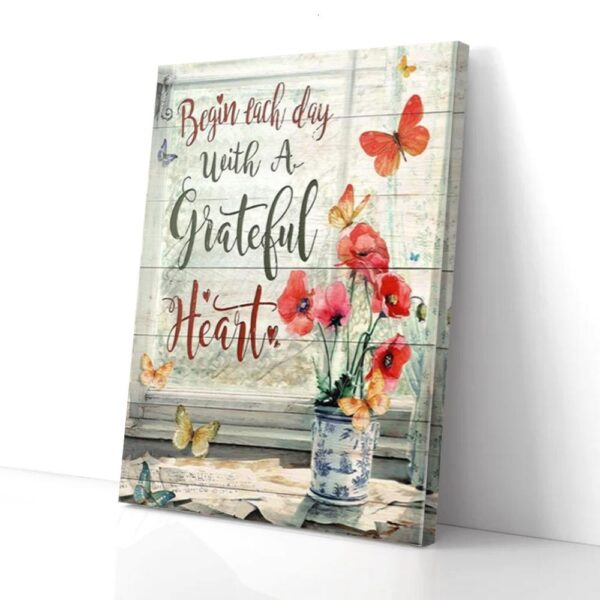 Grateful Heart Each Day Poppy Butterfly Canvas Wall Art