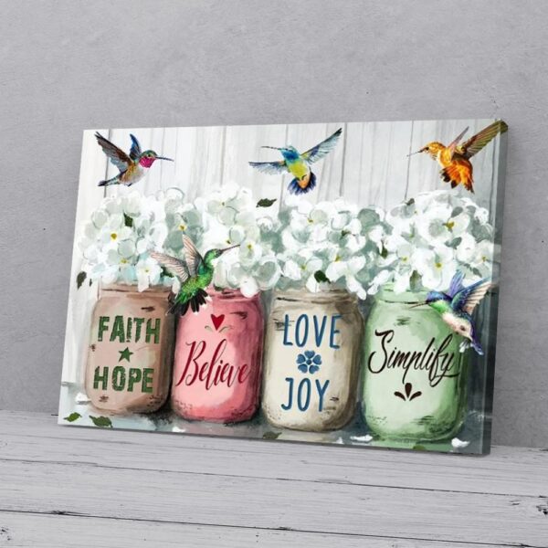Faith Hope Love Joy White Hydrangea And Hummingbird Canvas Wall Art