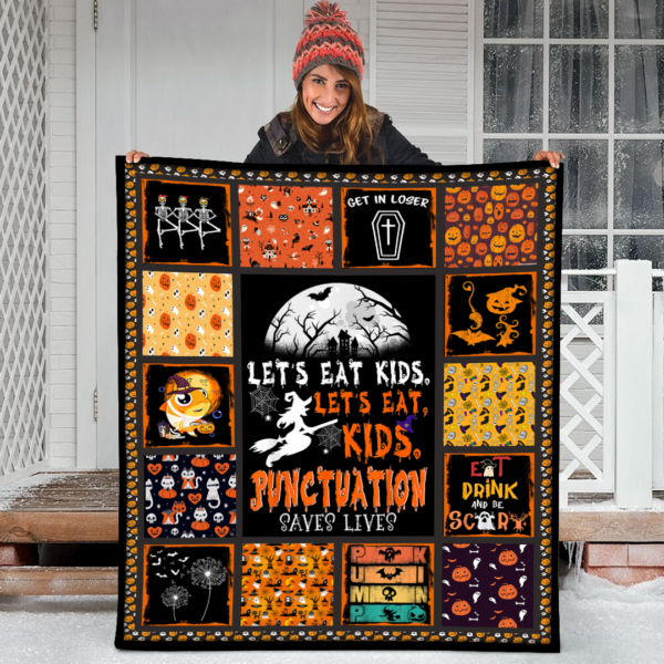 Halloween Witch Punctuation Saves Lives Lets Eat Kids Punctuation Saves Lives Fleece Sherpa Blanket