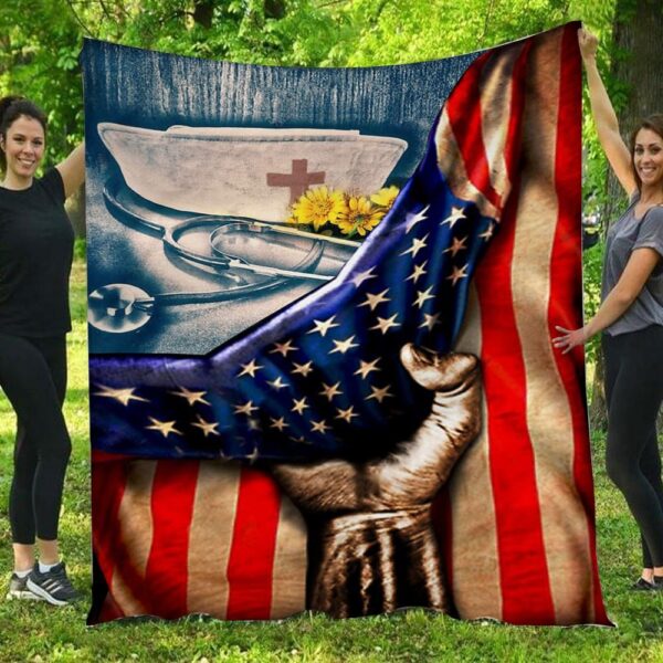 Nurse Hat Flowers American Flag Blanket