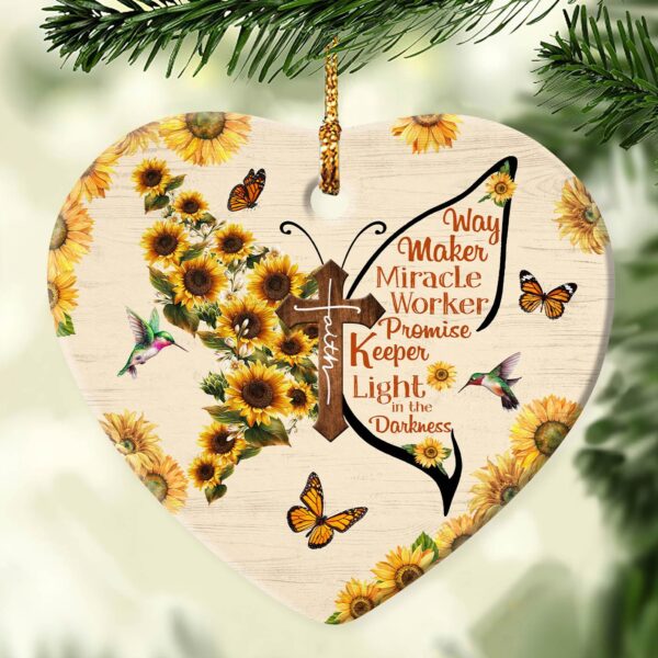 Jesus - Faith cross with sunflower - Way maker, miracle worker, promise keeper, light in the darkness - Heart Ceramic Ornament