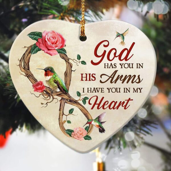 Jesus - Hummingbird - God has you in his arm - Heart Ceramic Ornament