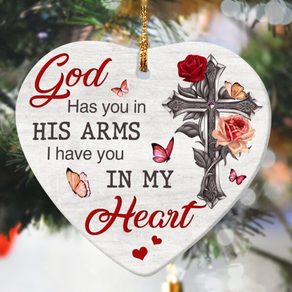 Jesus - Cross with rose - Jesus has you in his arm - Heart Ceramic Ornament