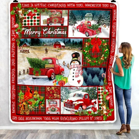 Red Truck Christmas , Christmas Tree, Xmas Gift For Family, Kids, Boy, Girl, Son, Daughter, Dad, Mom Decorative Gift For Birthday, Christmas Fleece Blanket Sherpa Blanket