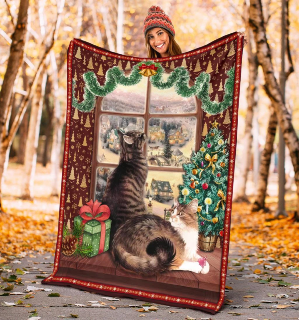 Christmas Window Cat Fleece For Cat Lover Love Pets Fleece Blanket Sherpa Blanket