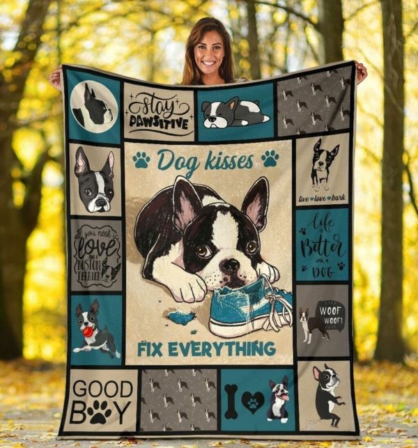 Custom Blankets Dog Kisses Fix Everything Boston Terrier Dog Plush Birthday Christmas Gifts Love Pets Fleece Blanket Sherpa Blanket